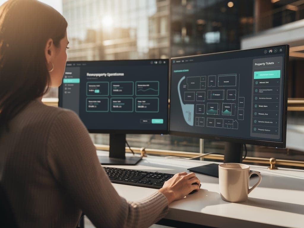 Remote operations professional reviewing property management dashboard