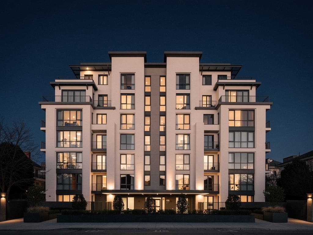 Symmetrical mid-rise residential building at blue hour with balanced grid of warm interior lights