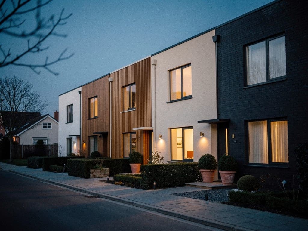 Row of modern boutique rental townhouses at dawn with warm window light