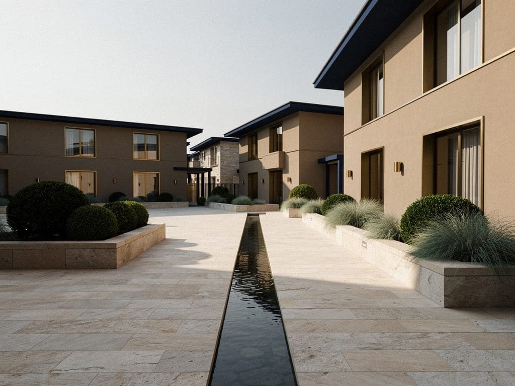 Thoughtfully designed residential courtyard in mid-morning light