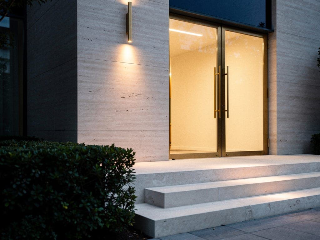 Close-up of a residential building's illuminated entrance at dusk
