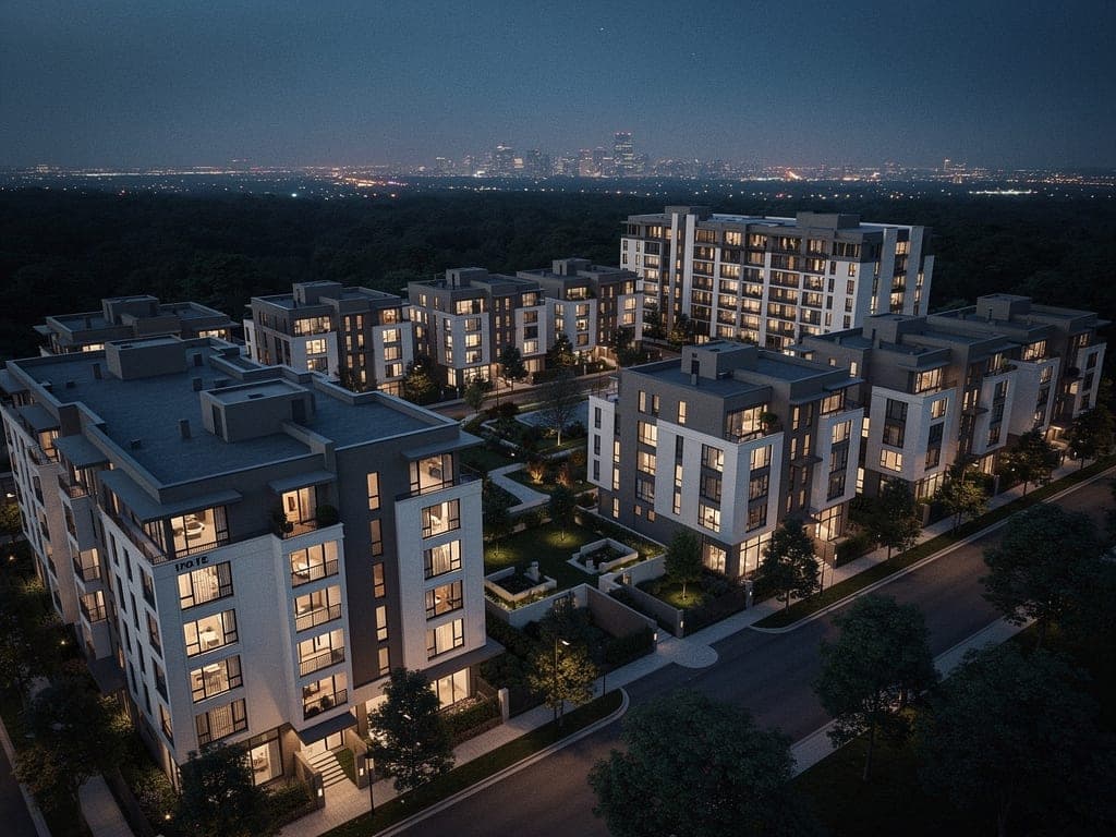 Elevated blue-hour view of a diverse residential portfolio at scale