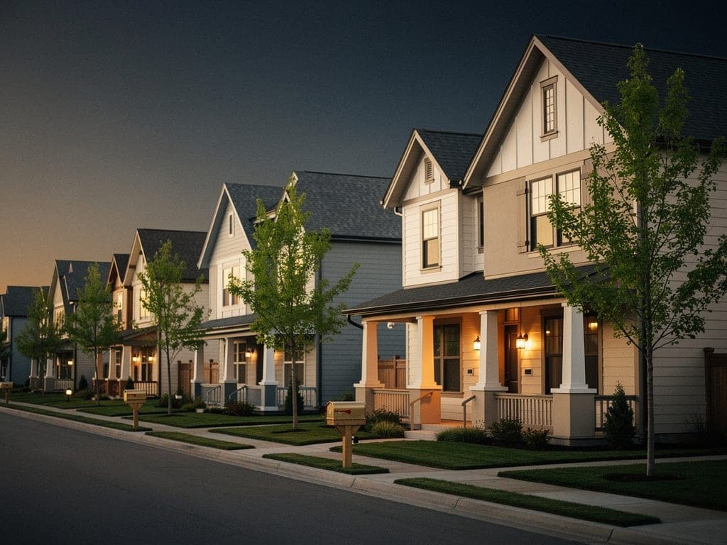 Suburban neighborhood of modern rental homes at golden hour