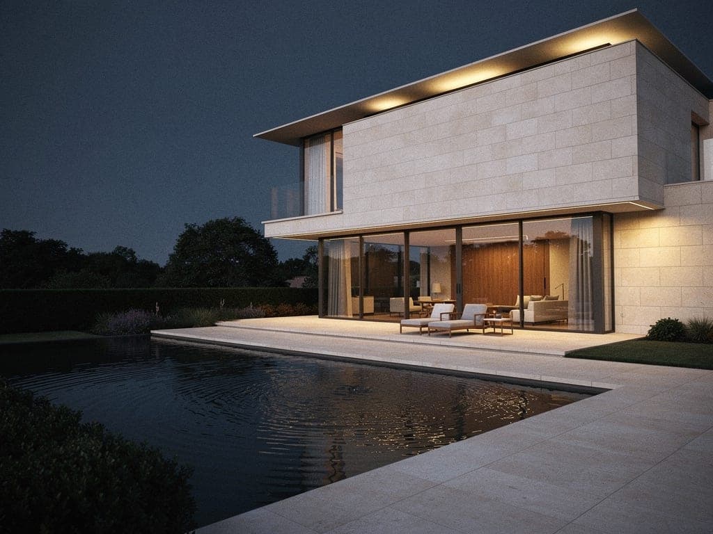 Contemporary residence with reflecting pool at blue hour