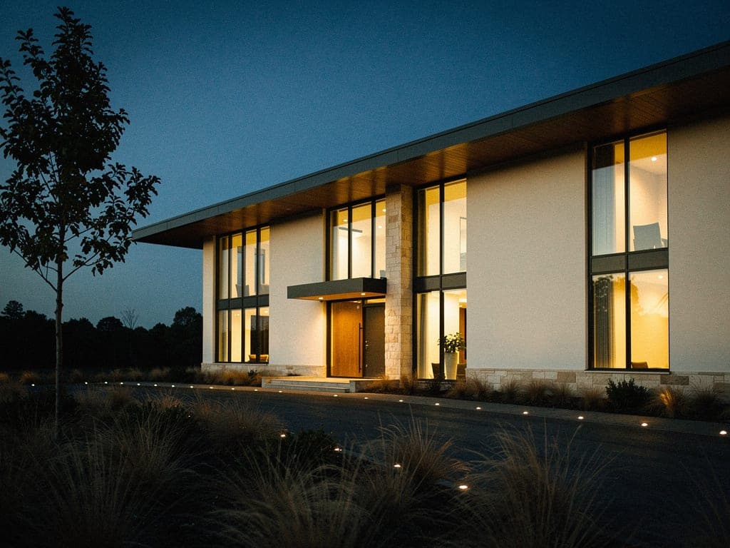 Modern single-family home illuminated from within at blue hour