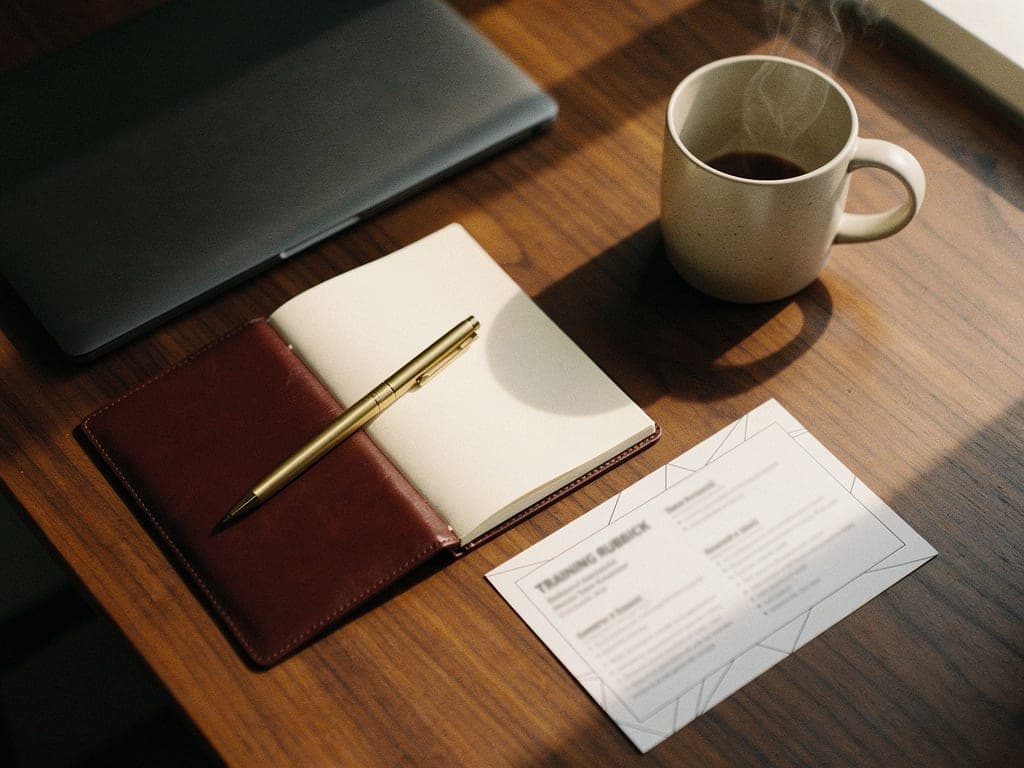 Structured operations documentation on a walnut desk