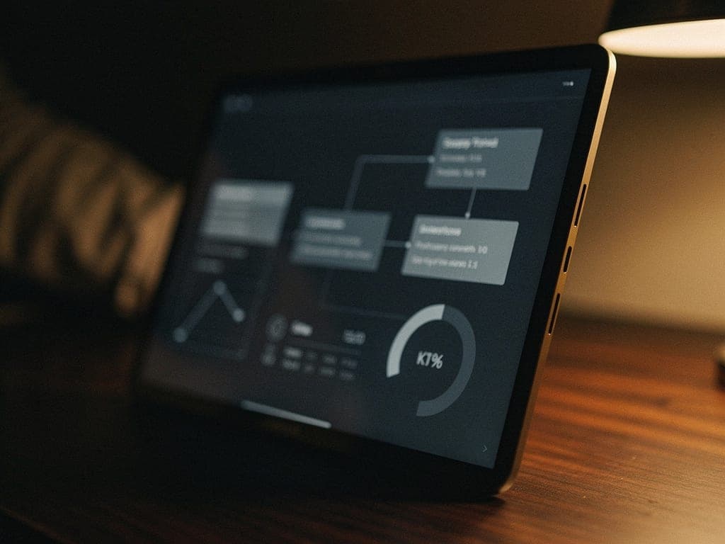 Abstract workflow and KPI dashboard on a dark-glass display